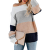 Women Casual Rainbow Color Stripe Stitching Pullover Loose Knitted Sweater