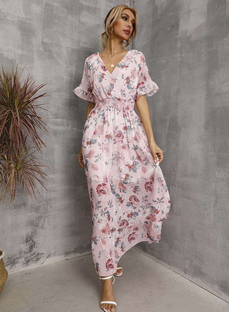 Women Fashion Casual Floral Printing V-Neck Short Sleeve Slit Dress