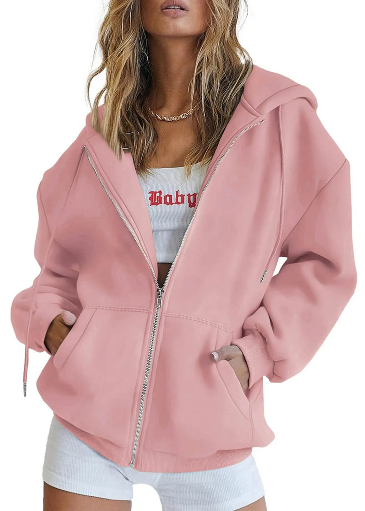 (Buy 1 Get 1) Women Casual Loose Zipper Long Sleeve Hooded Sweatshirt Jacket