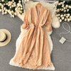 Women Fashion Elegant Solid Color V-Neck Cropped Sleeve Hollow Single-Breasted Shirt Dress