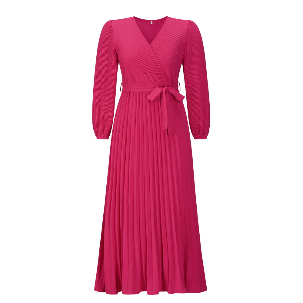 Women Fashion Casual Elegant Solid Color V-Neck Lace-Up Long-Sleeved Creased Mid-Length Dress