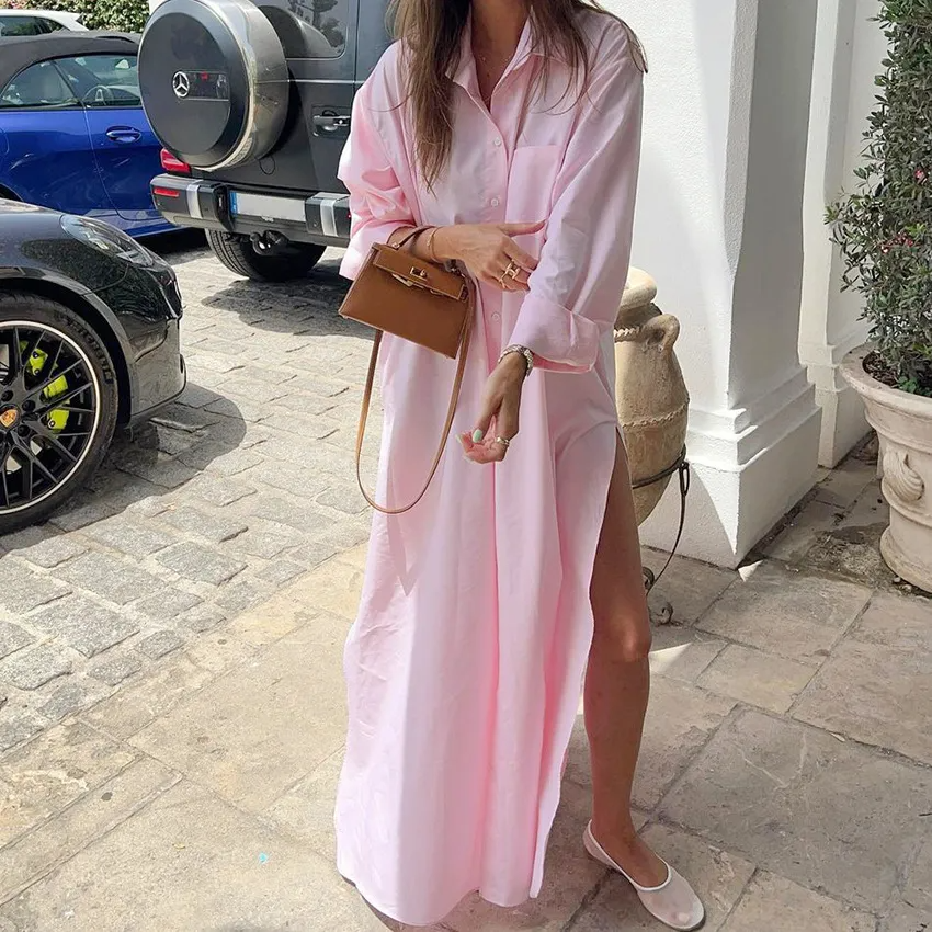 Women Casual Solid Color Elegant Split Long Sleeve Maxi Dress