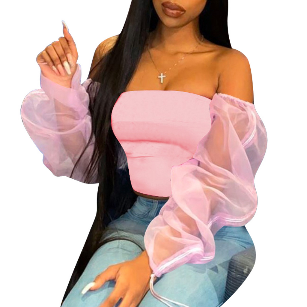 Women Fashion Sexy Long-Sleeved Solid Color See-Through Mesh Off-Shoulder Blouse