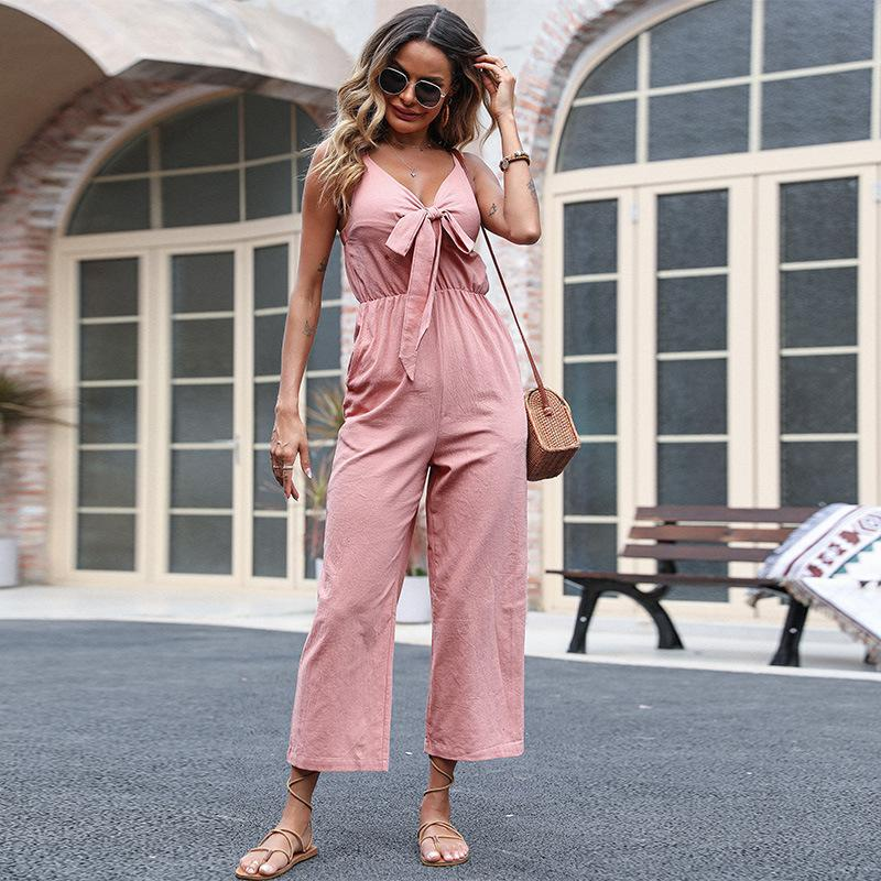 Women Bow V-Neck Cotton And Linen Solid Color Jumpsuit