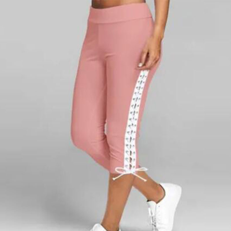 Women Lace-Up Casual Solid Color Cropped Sports Leggings