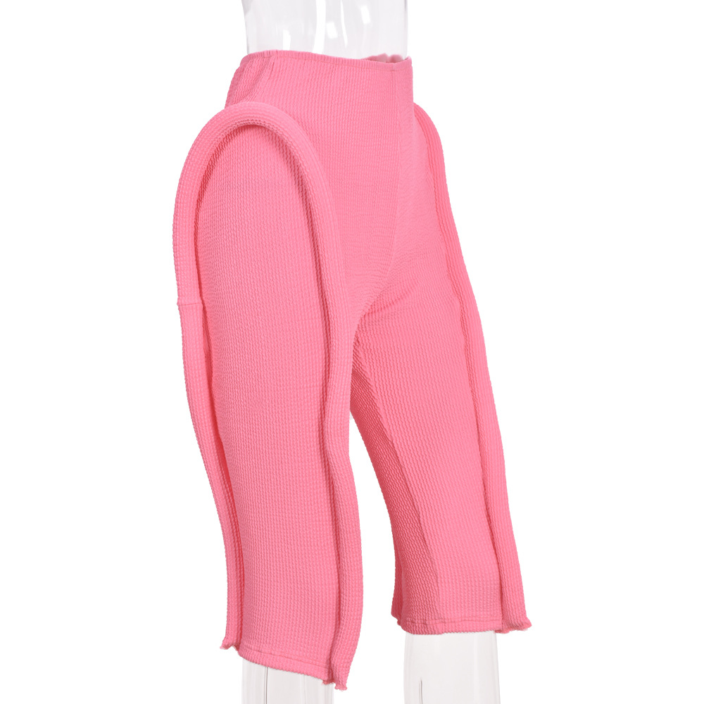 Women'S Fashion Personality Solid Color Rib-Knit Three-Dimensional Decoration Cropped Pants