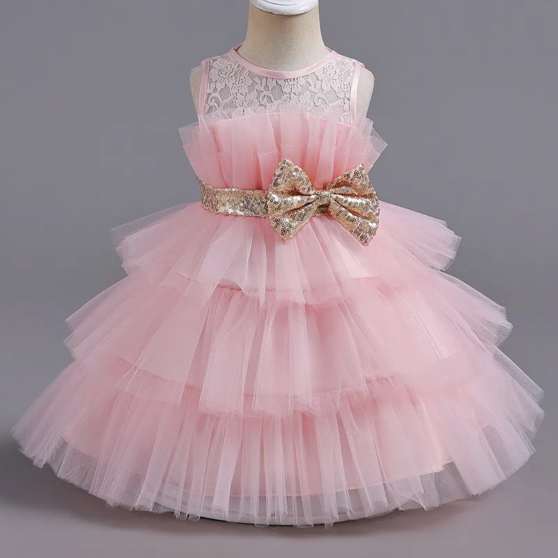 Kids Baby Girls Summer Fashion Party Cute Sweet Solid Color Bow Pleated Sleeveless Mesh Party Tutu Dress