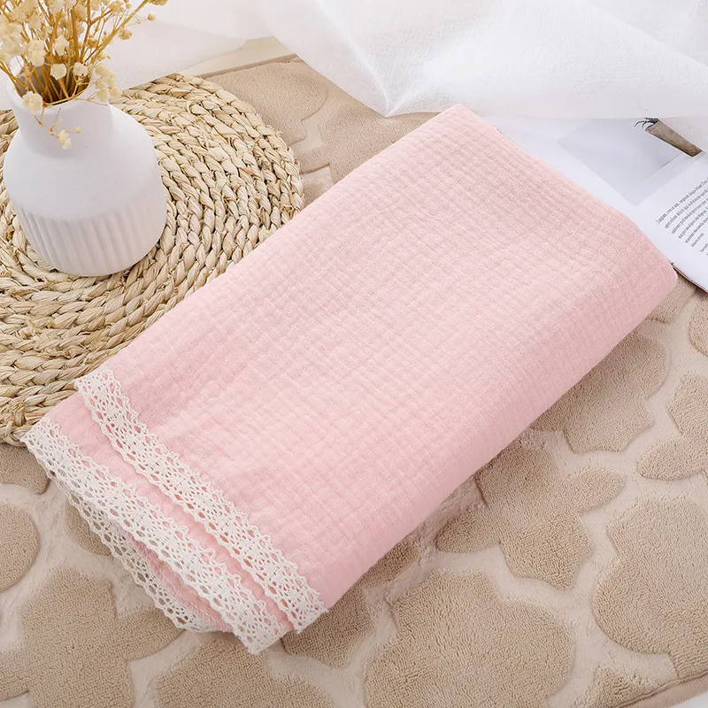 (Buy 1 Get 1) Baby Double-Layer Solid Color Swaddle Blanket Cotton Muslin Swaddles With Lace Edge(100*120cm )