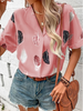 Summer Casual Women'S Lapel Feather Print Short Sleeve Shirt Office Chic Blouse