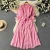 Women Elegant Boho Vacation Solid Color Embroidered Hollow Slim Cropped Sleeve Lace-Up Mid-Length Dress