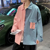 Men Casual Long Sleeve Lapel Single-Breasted Multi-Pocket Design Color Blocking Letter Printed Shacket