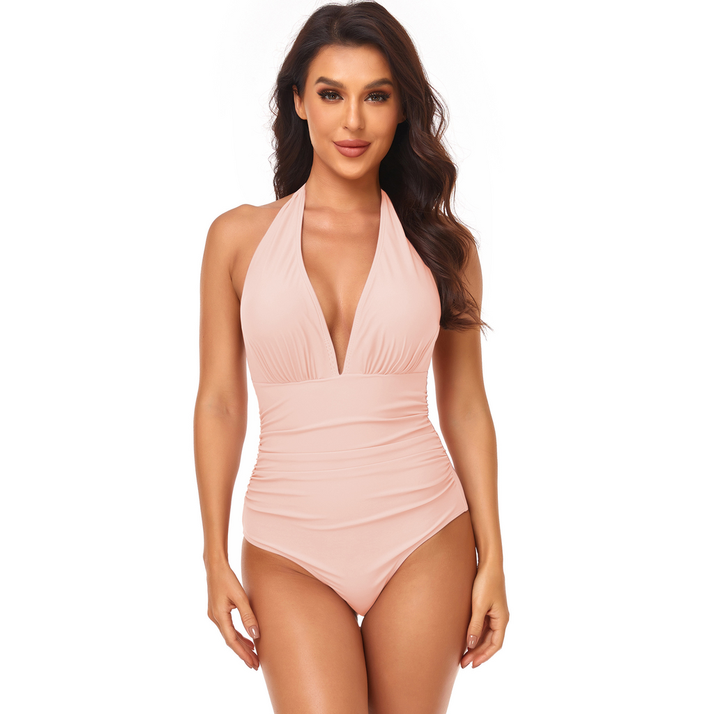 Women Simple Solid Color Shirring Halter Neck One-Piece Swimwear