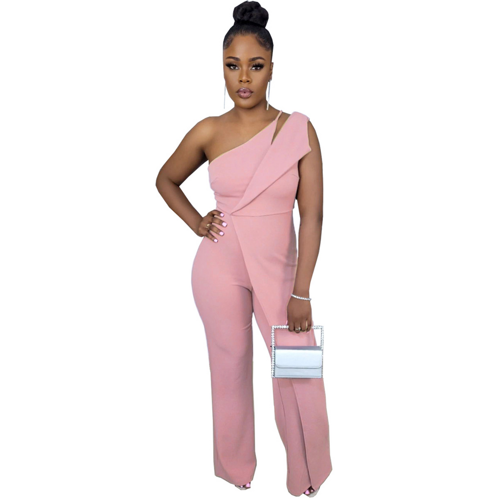 Women Solid Color One-Shoulder Waist Fashion Wide-Leg Jumpsuit