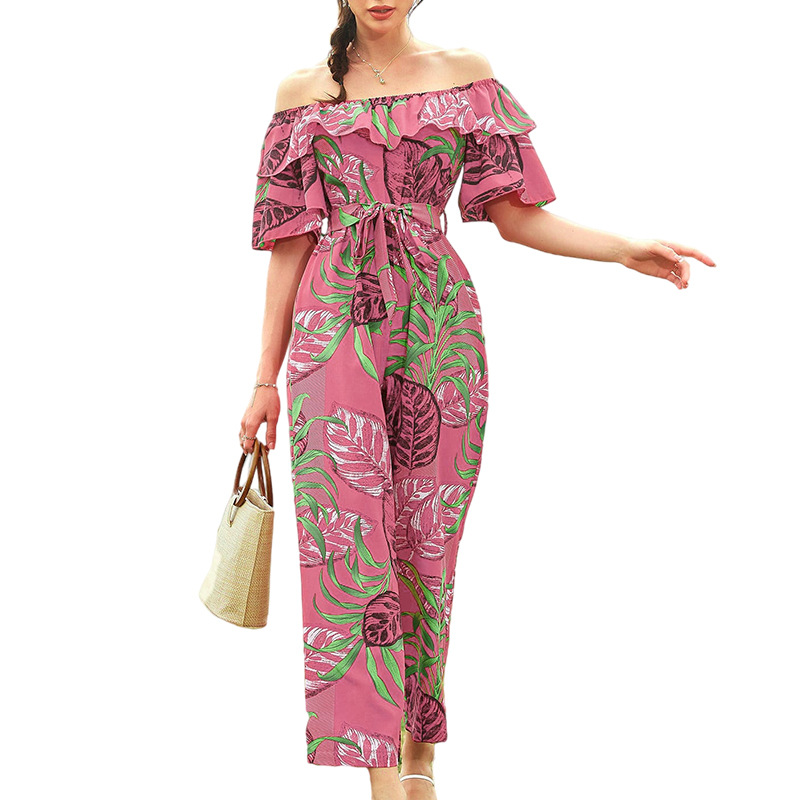 Women Fashion Vacation Leaf Printed Off-Shoulder Ruffles Holiday Defined Waist Fashion Casual Wide-Leg Jumpsuit