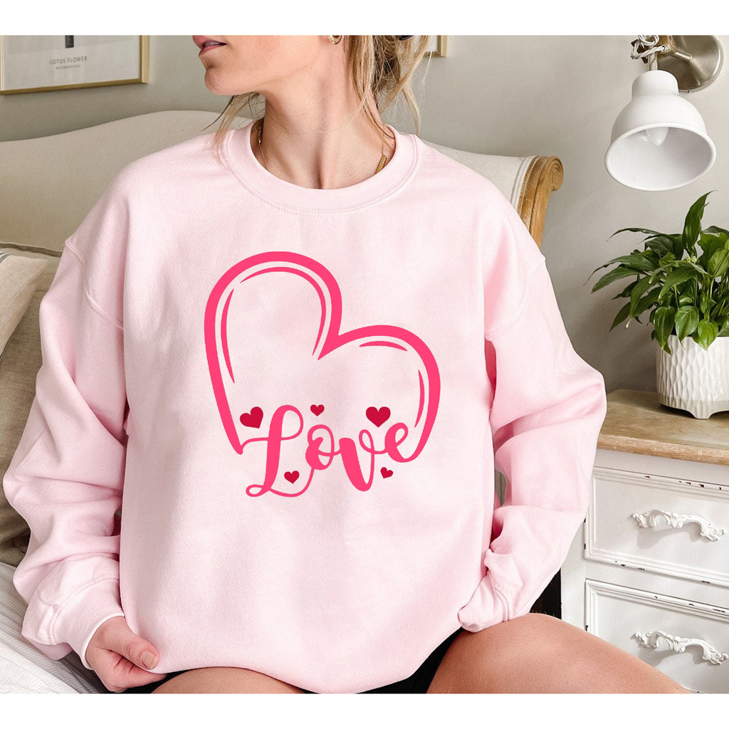 Valentine'S Day Fashion Women'S Casual Long Sleeve Round Neck Pink Love Print Sweatshirt