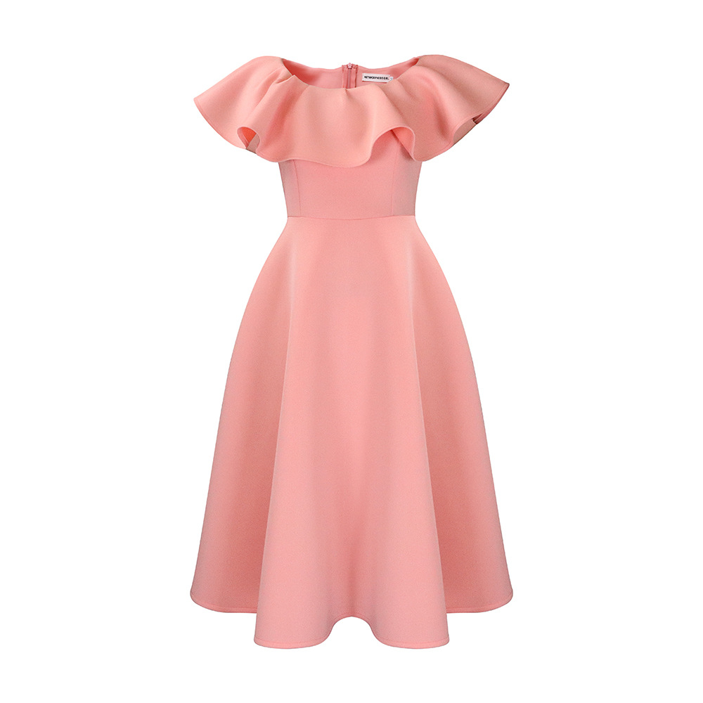 Women Fashion Elegant Solid Color Ruffled Neck Short Sleeve Defined Waist Dress