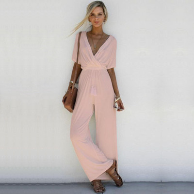 Women Solid Color Short Sleeve V Neck Loose Casual Wide Leg Jumpsuit