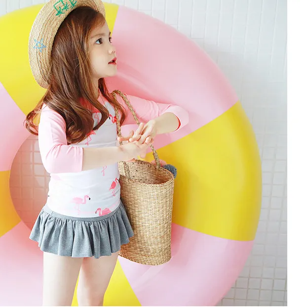 (Buy 1 Get 1) Children Kids Baby Fashion Girls Long Sleeve Quick-Drying Cartoon Flamingo Print Swimsuit 3pcs Set