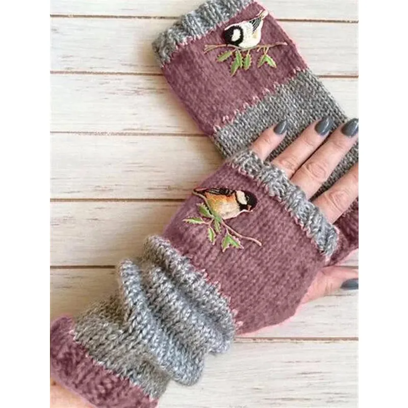 (Buy 1 Get 1) Autumn Winter Women Fashion Warm Stitching Embroidered Half Finger Gloves