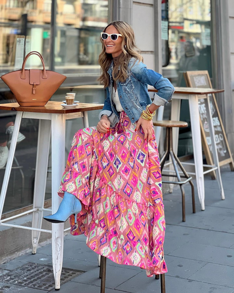 Women Fashion Street Casual Floral Printed Ruffle Long Skirt