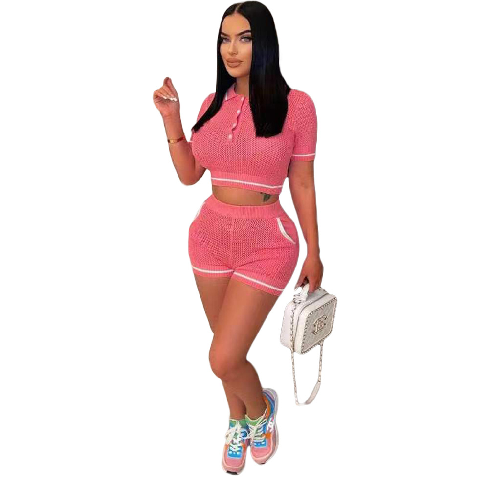 Fashion Casual Women'S V-Neck Short-Sleeved Crop Top Stitching Slim-Fit Shorts Set