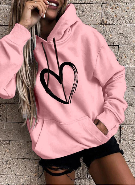 Women Casual Basic Hoodie Fashion Heart Print Long Sleeve Sweatshirt