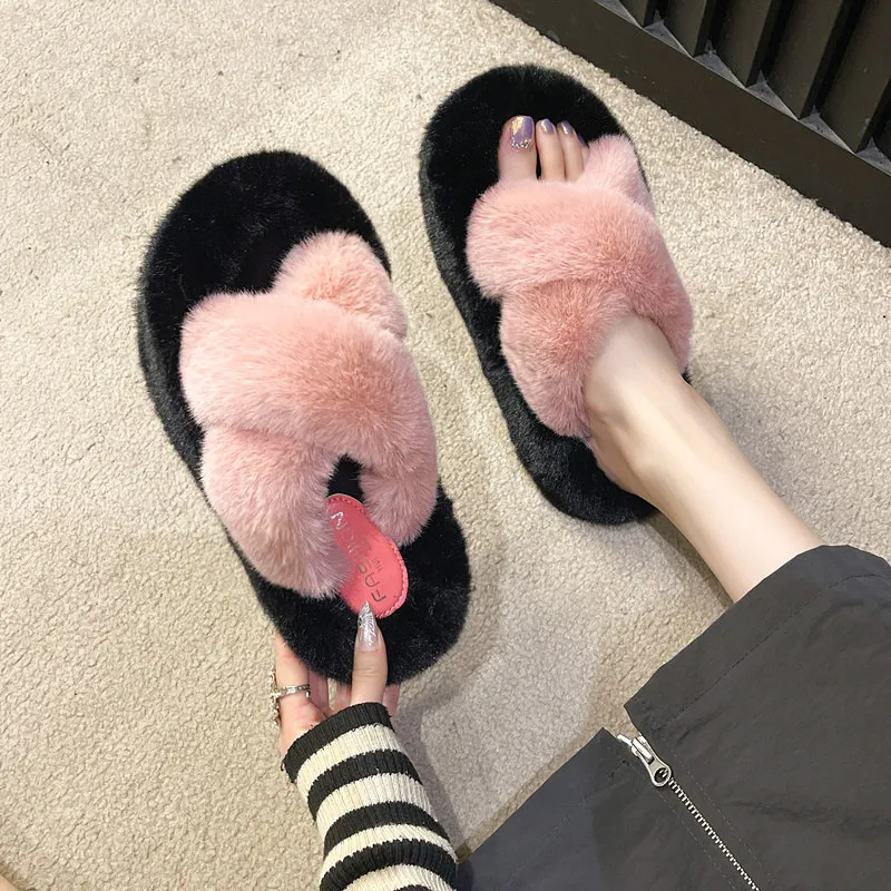 Autumn Winter Women Fashion Plus Size Cross Plush Warm Home Slippers