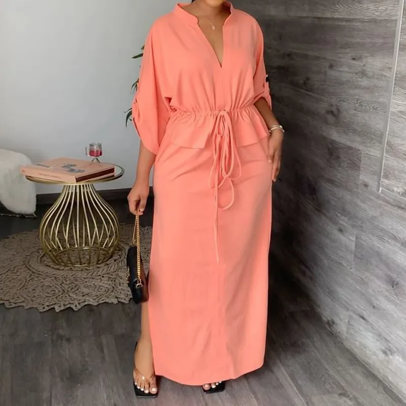 Women Ramadan /Eid Fashion V-Neck Solid Color Waist Drawstring Split Dress