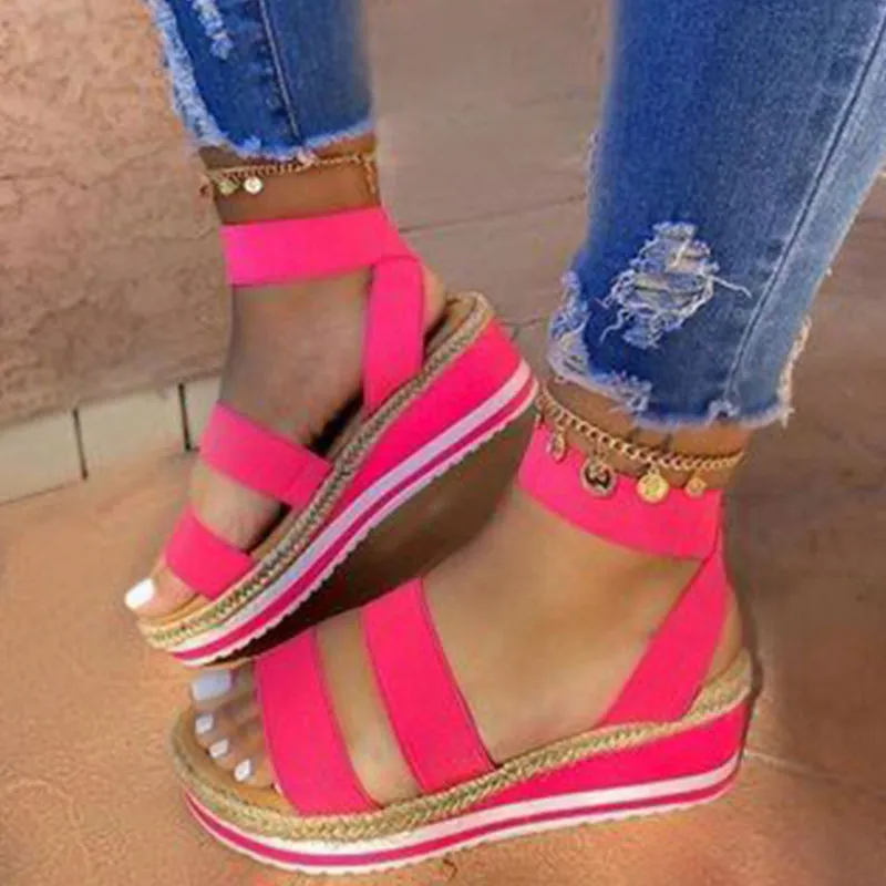 Women Fashion Solid Color Platform Velcro Sandals Shoes