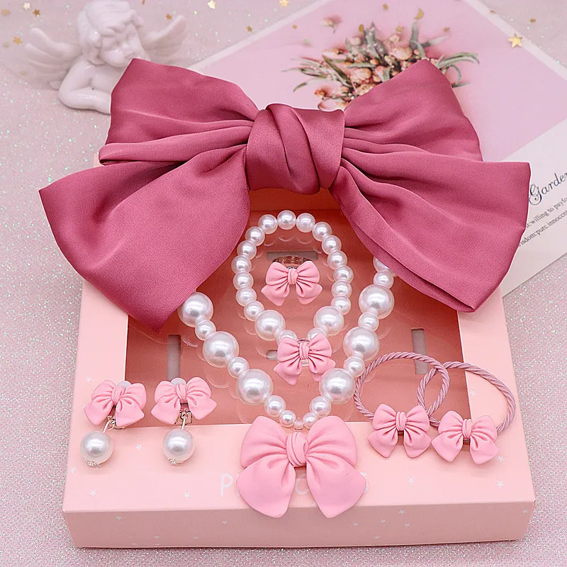 (Buy 1 Get 1) Children Kids Baby Fashion Girls Bowknot Pearl Bead Necklace Bracelet Earrings Set