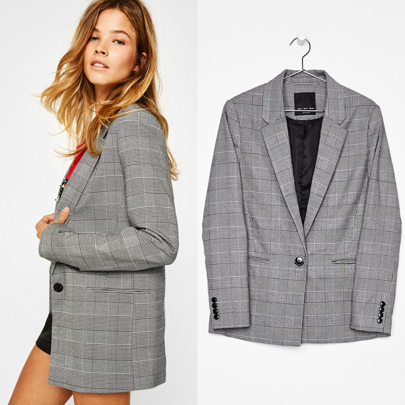 Plus Size Women Casual Loose One Button Plaid Long Sleeve Lapel Blazer