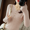 Women Solid Color Urban Casual Office Chic Slim-Fit V-Neck Knitted Long-Sleeved Tops Knitwear