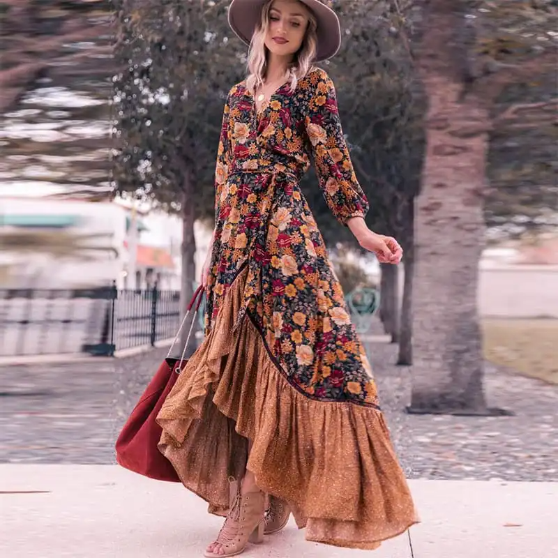 Women Retro Boho Flower Print V Neck Swing Dress