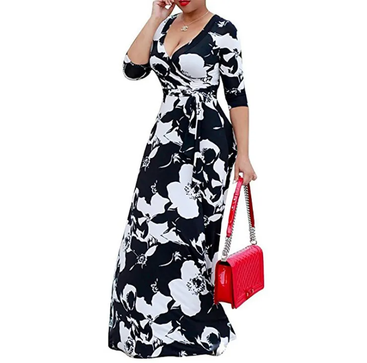 (Buy 1 Get 1) Women Ramadan /Eid Fashion Sexy Floral Printing V Neck Long Sleeve Dress