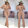 Women Hollow Waist Pleated Printed Flared Pants Jumpsuit