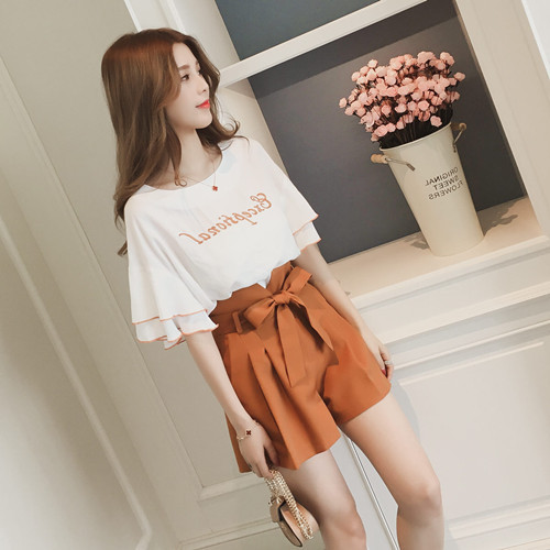 Short-Sleeved Women Flare Sleeve Letter Chiffon Blouse And Loose Wide-Leg Shorts Casual Two-Piece Set