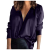 Women Fashion Elegant Pullover V-Neck Solid Color Satin Long-Sleeved Shirt Blouse