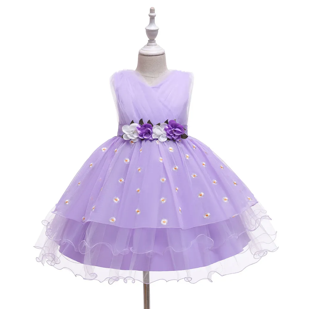 Kids Toddler Big Girls Fashion Party Cute Sweet Floral Solid Color Pleated Sleeveless Mesh Party Tutu Dress