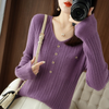 Women Solid Color Urban Casual Office Chic Slim-Fit V-Neck Knitted Long-Sleeved Tops Knitwear