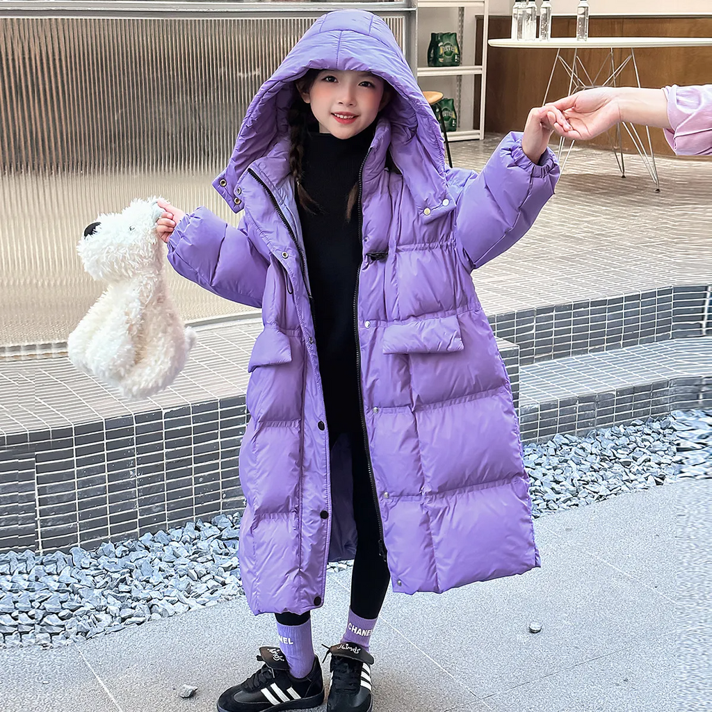 Girls Solid Color Warm Hooded Jacket