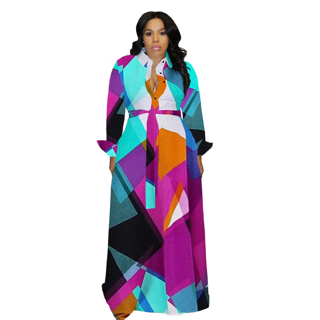 Women Ramadan /Eid Fashion Casual Geometric Printing Lapel Single-Breasted Long Sleeve Dress