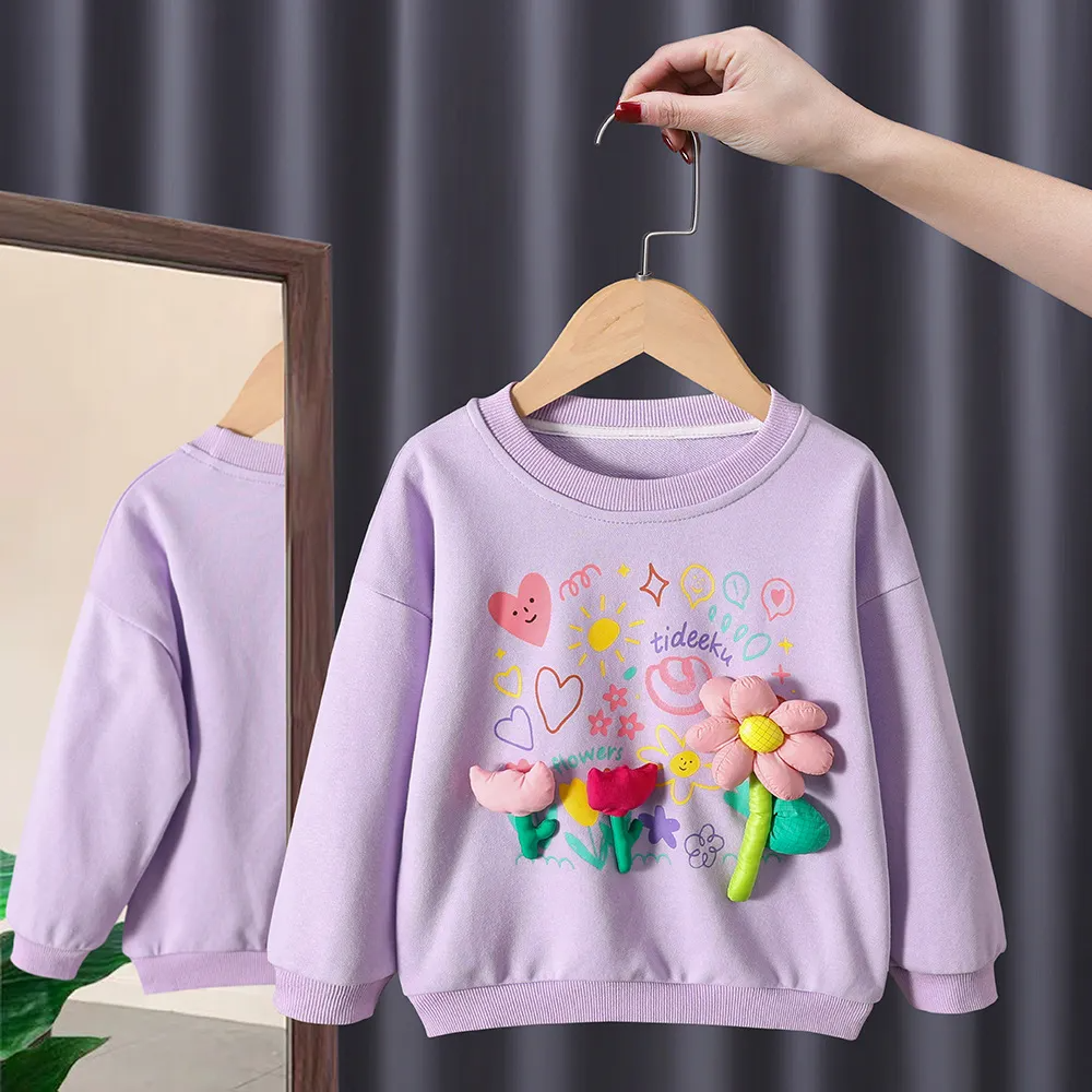 Children Kids Baby Fashion Girls Long Sleeve Round Neck Flower Sweatshirt