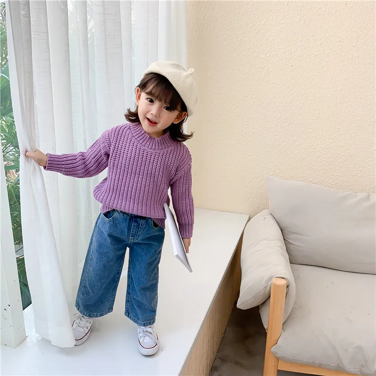 Children Kids Boys And Girls Solid Color Basic Long Sleeve Mid-Neck Sweater