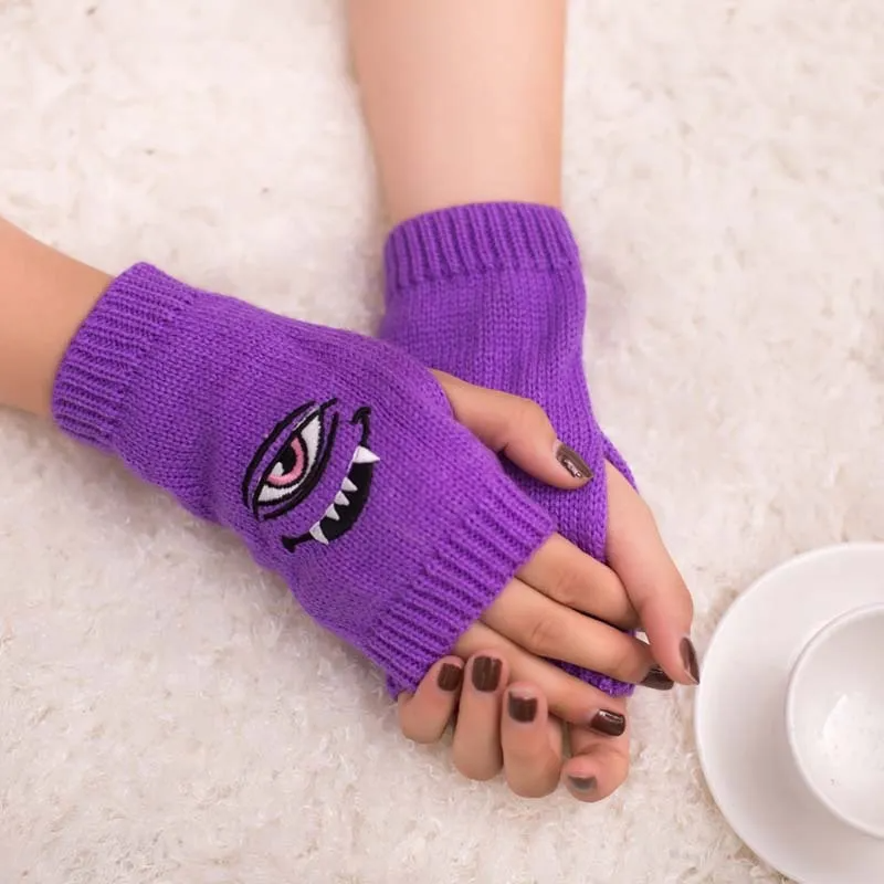 (Buy 1 Get 2) Autumn Winter Women Fashion Devil Eye Embroidered Warm Knitted Half Finger Gloves