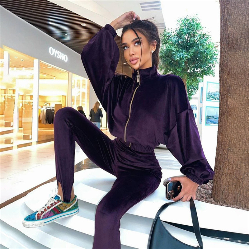 Women Casual Solid Color Long Sleeve Stand Collar Velvet Zipper Sweatshirt And Tube Top And Pants Three-Piece Set