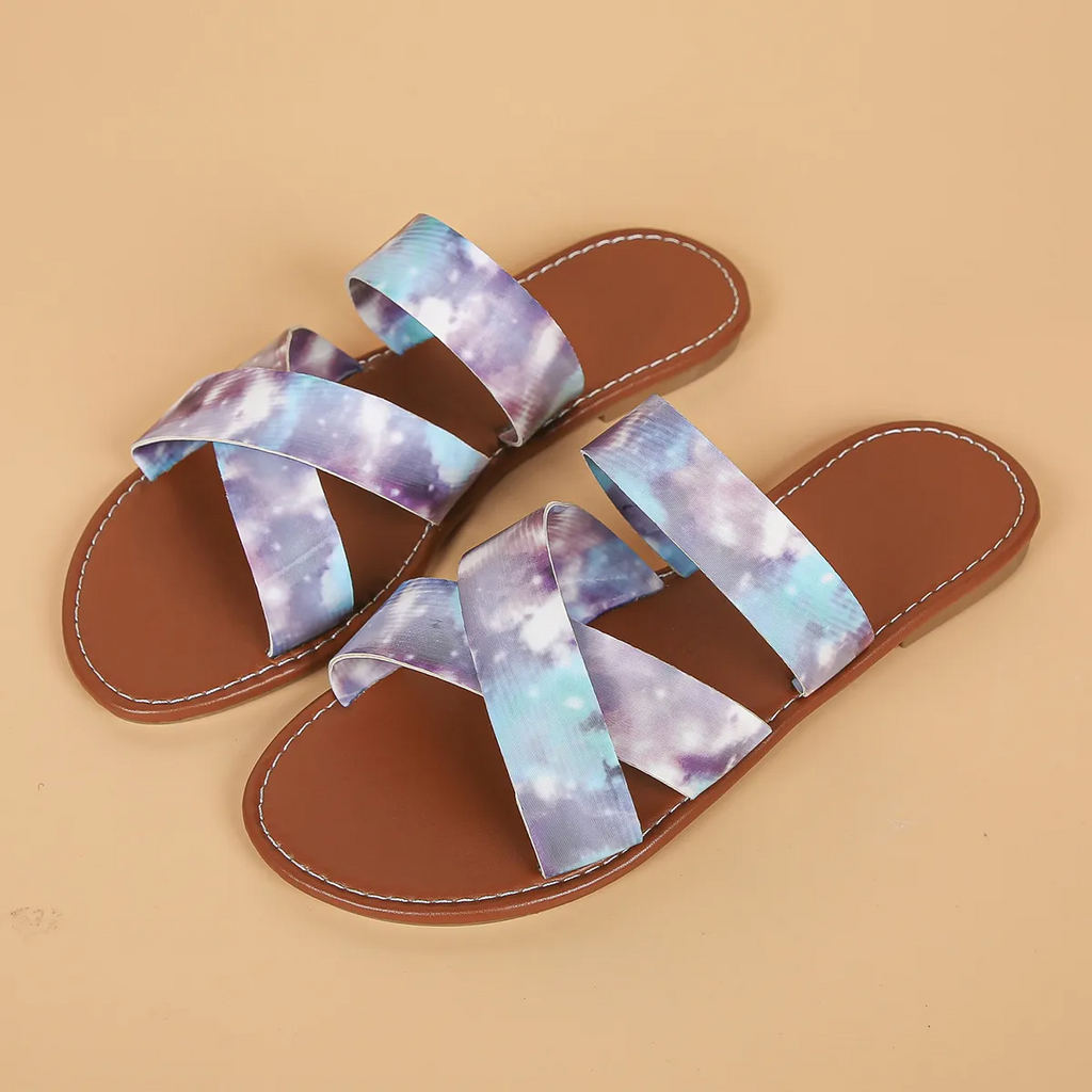 Women Fashion Casual Plus Size Graffiti Printed Cross Belt Round Toe Flat PU Slippers