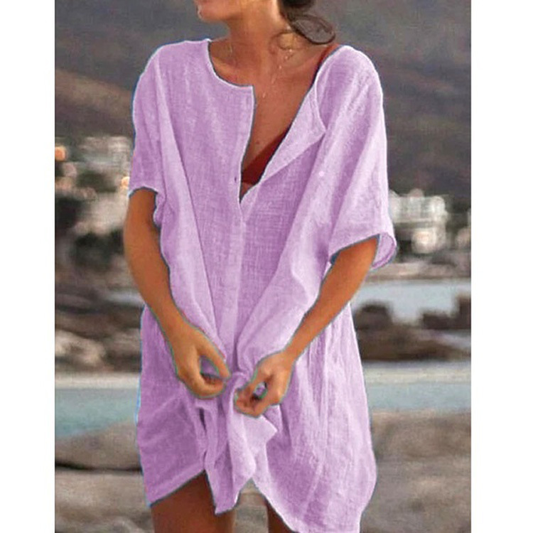 Women Fashion Casual Solid Color Beach Vacation Short Sleeve Loose Blouse Coverup