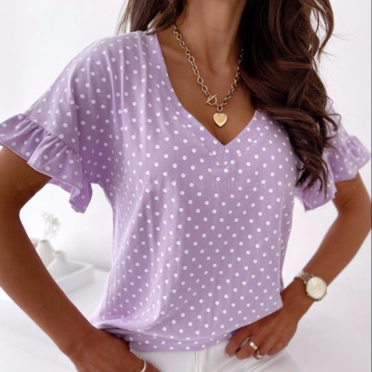 Fashion Casual Elegant Women'S Short-Sleeved White Polka-Dot Print Ruffled V-Neck Blouses