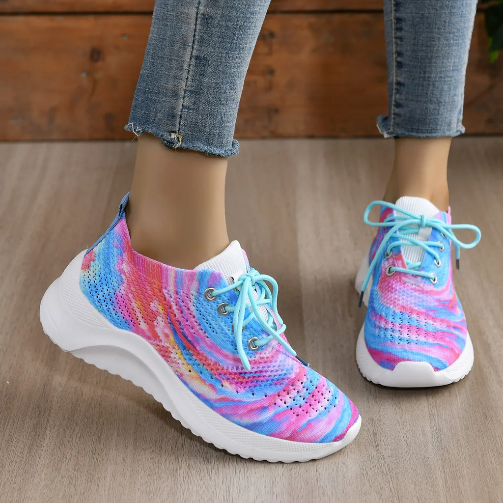 Women Fashion Casual Plus Size Color Block Fly-Woven Breathable Lace-Up Sneakers