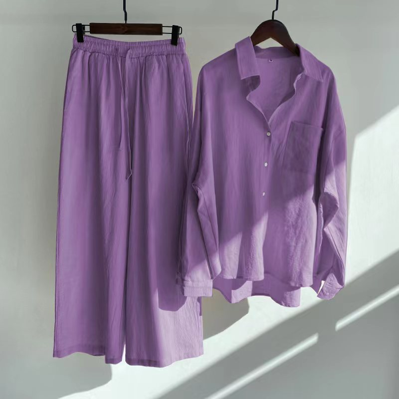 Women Casual Solid Color Linen Cotton Long Sleeve Blouse And Wide Leg Pants Set